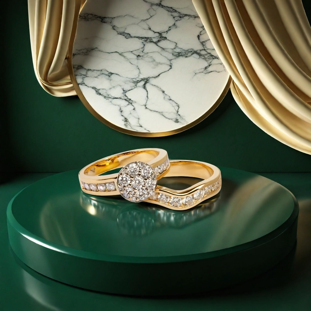 Couple Rings on Luxurious Green Emerald Backdrop 1
