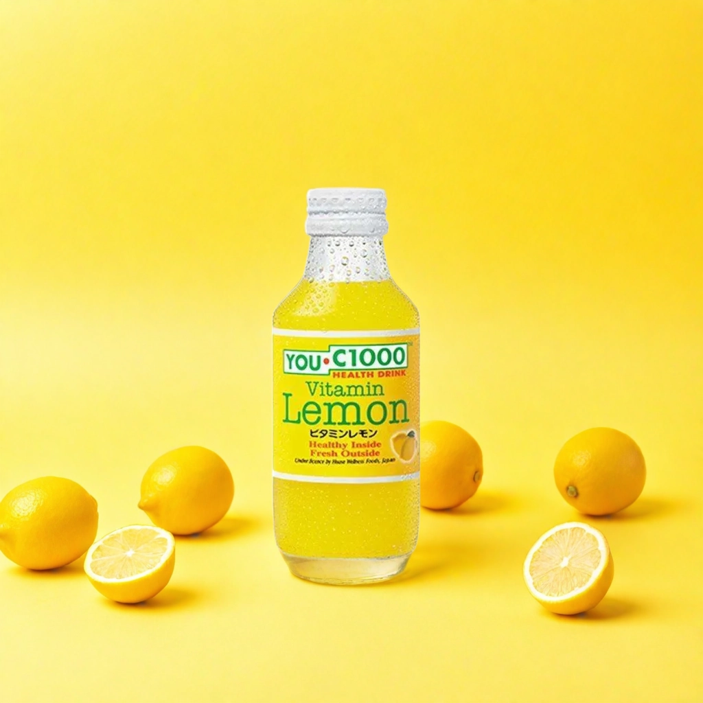 C100 Vitamin Lemon on Yellow Background with Scattered Lemons 2