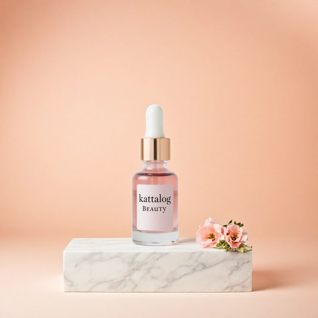 Kattalog Skincare Serum on Marble Pedestal with Peach background 3