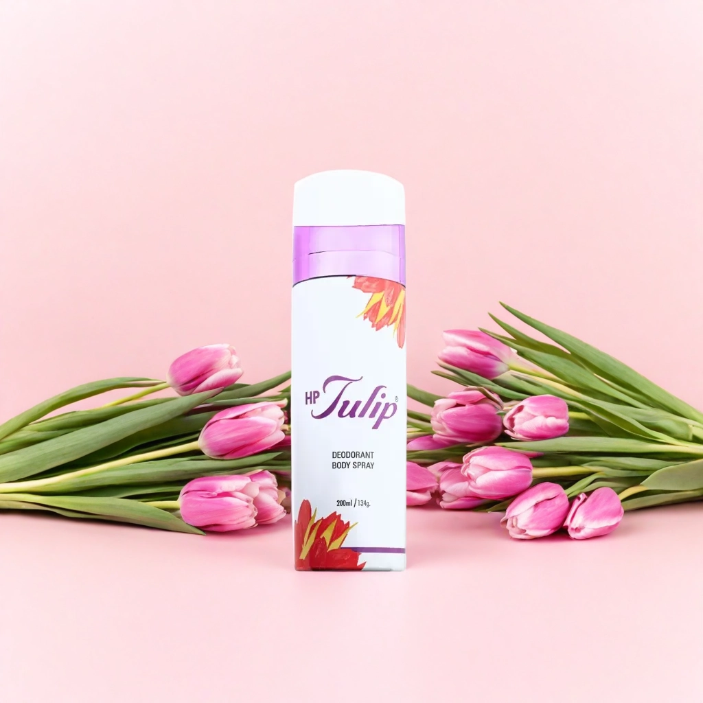 HP Tulip Deodorant on Pink Backrground with Tulip Props 2