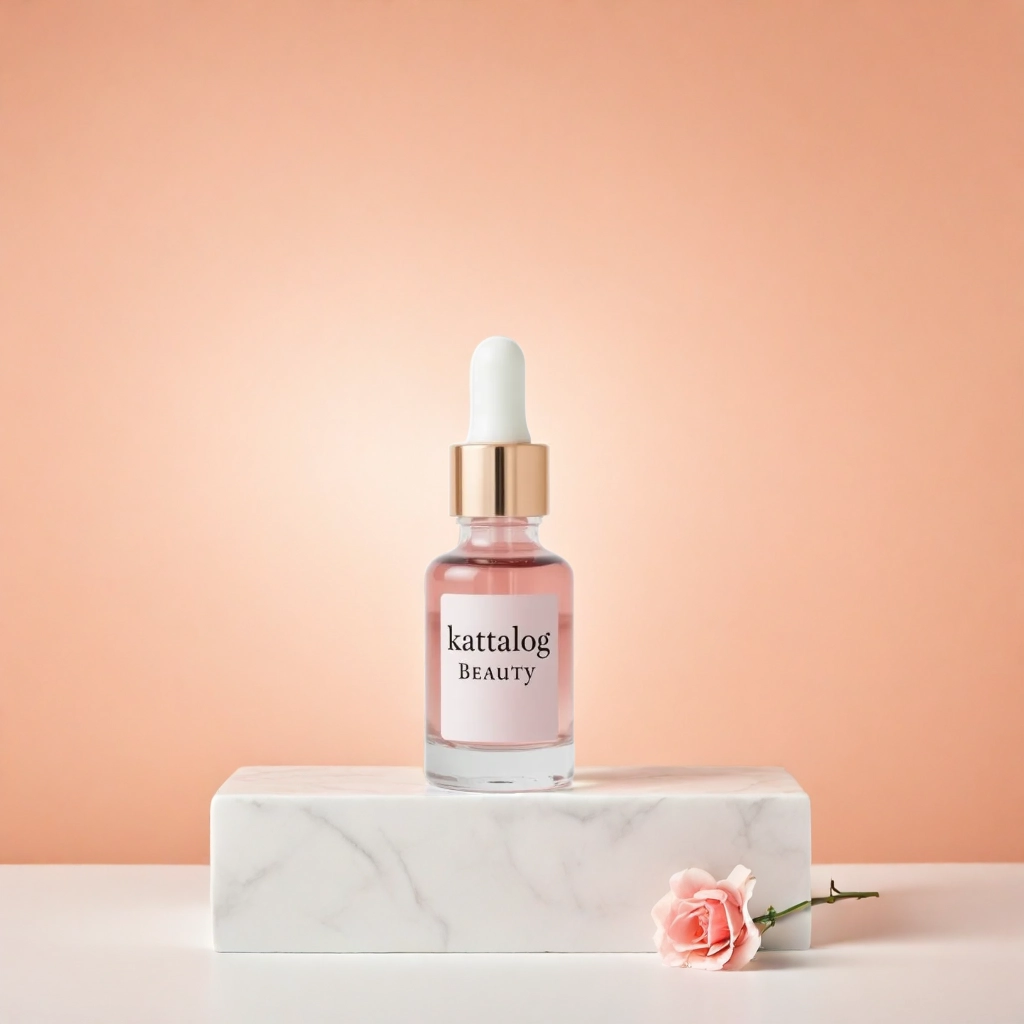 Kattalog Skincare Serum on Marble Pedestal with Peach background 2