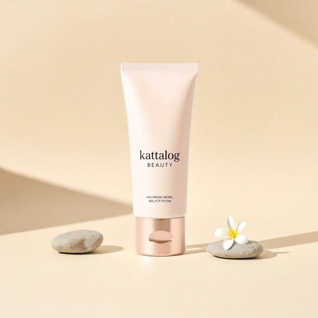 Kattalog Lotion on Beige background with stones and frangipani flowers 4
