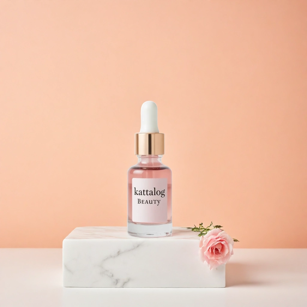Kattalog Skincare Serum on Marble Pedestal with Peach background 4