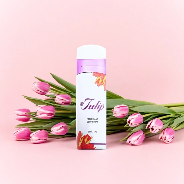 HP Tulip Deodorant on Pink Backrground with Tulip Props