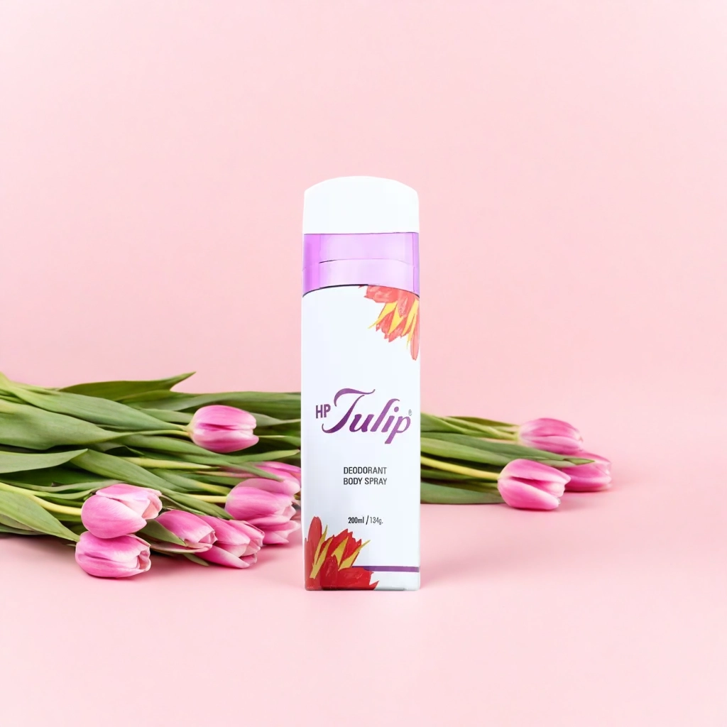 HP Tulip Deodorant on Pink Backrground with Tulip Props 4