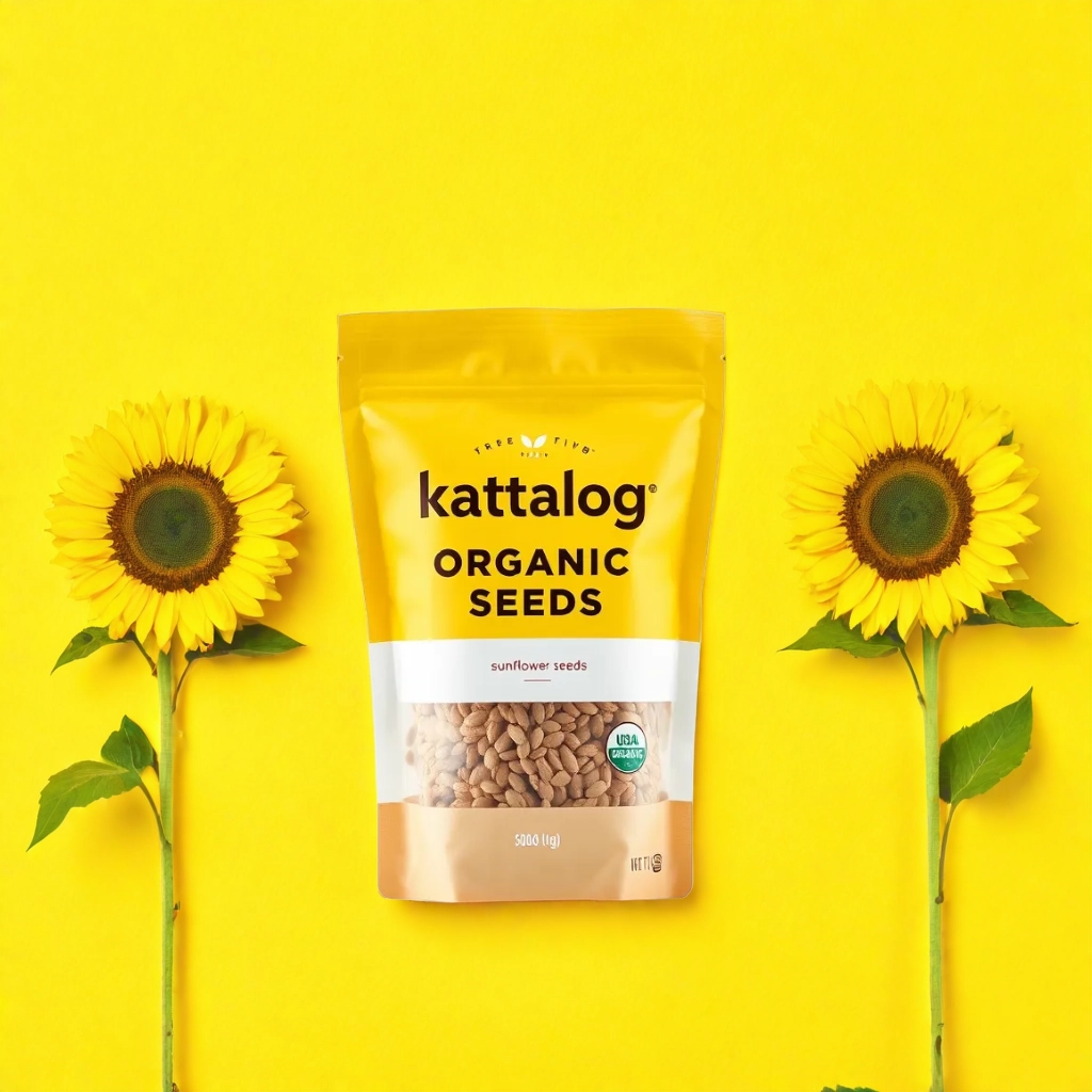 Kattalog Sunflower Seeds on Yellow Background with Sunflowers 1