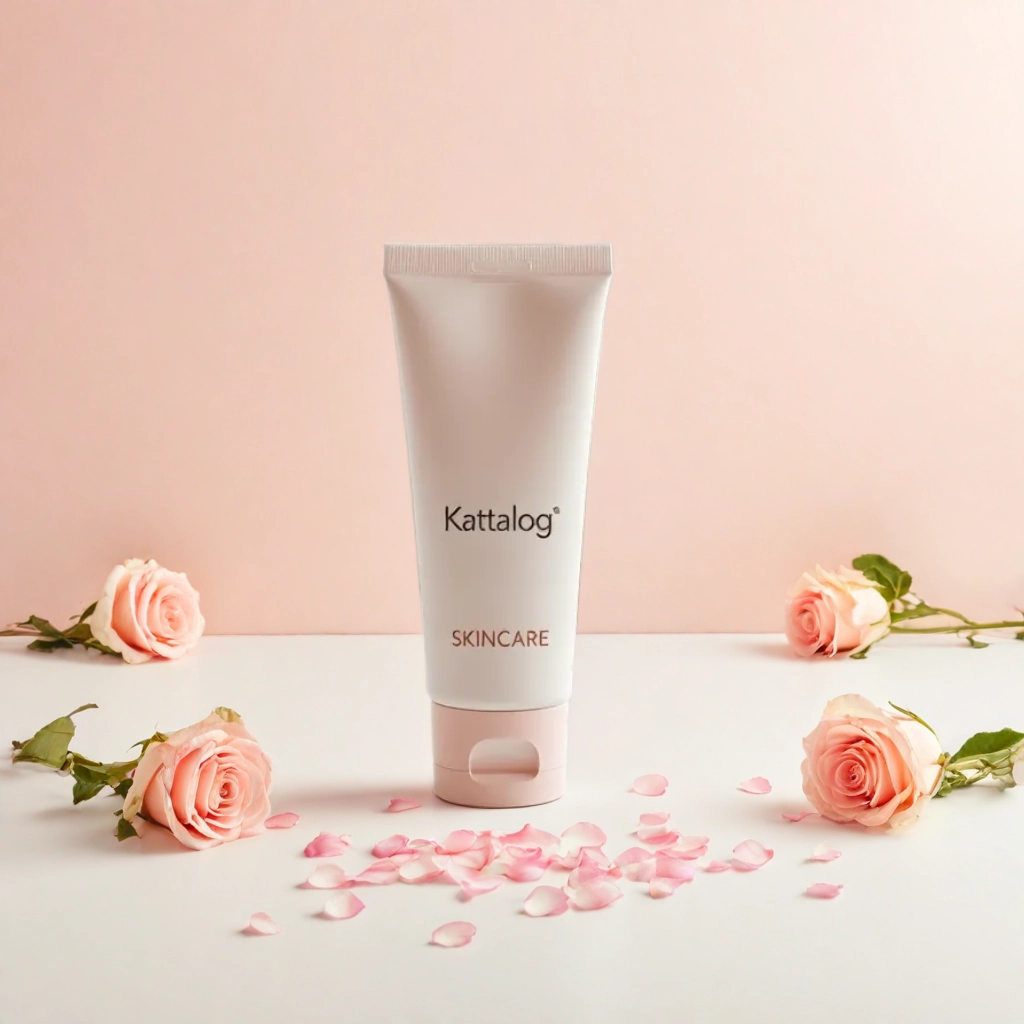 Kattalog Lotion on Peach background with Scattered Flowers Around 4