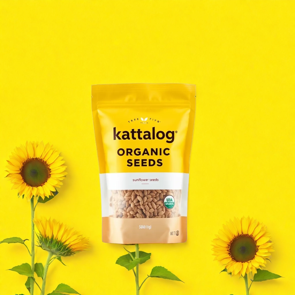 Kattalog Sunflower Seeds on Yellow Background with Sunflowers 2