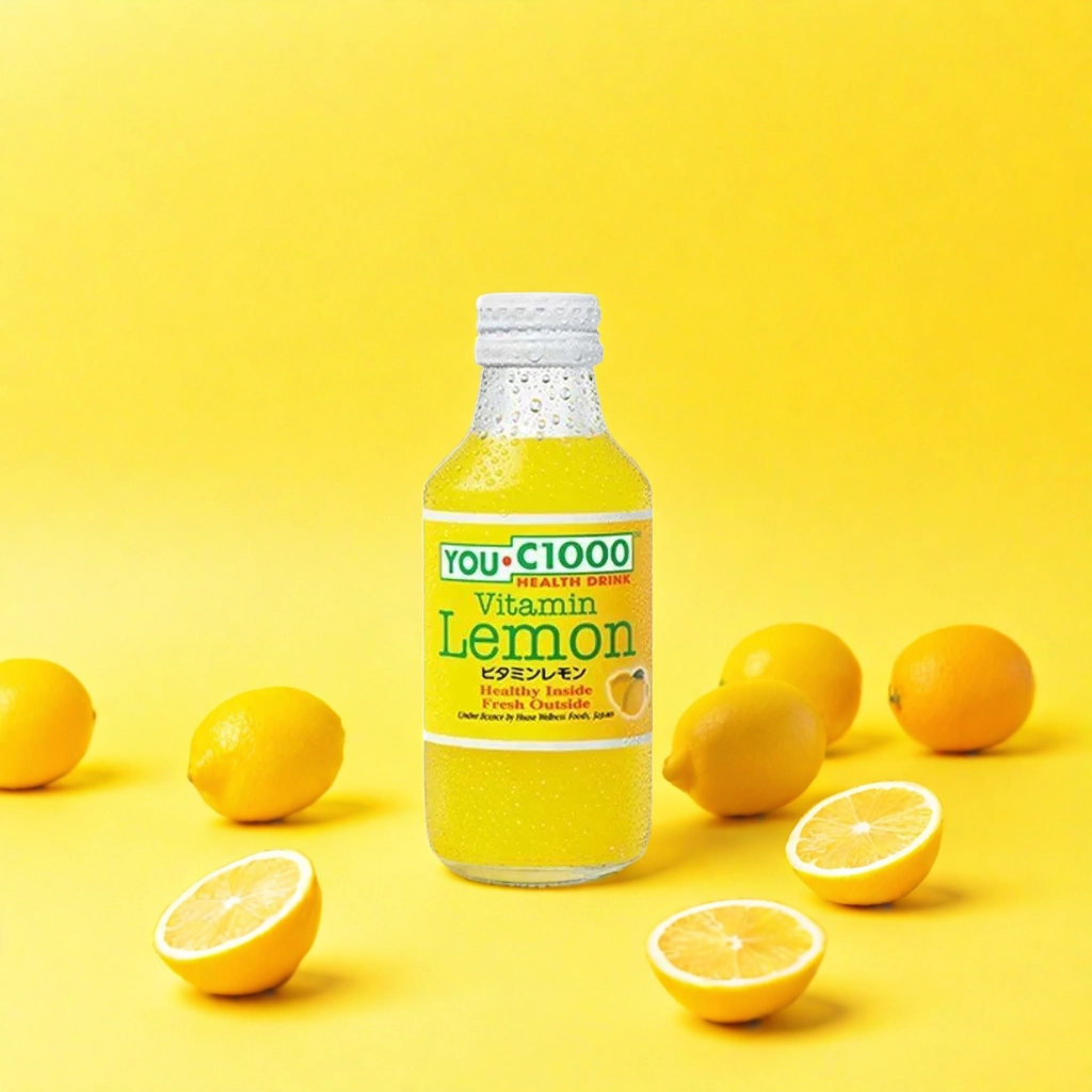 C100 Vitamin Lemon on Yellow Background with Scattered Lemons 3