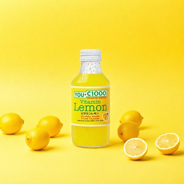 C100 Vitamin Lemon on Yellow Background with Scattered Lemons