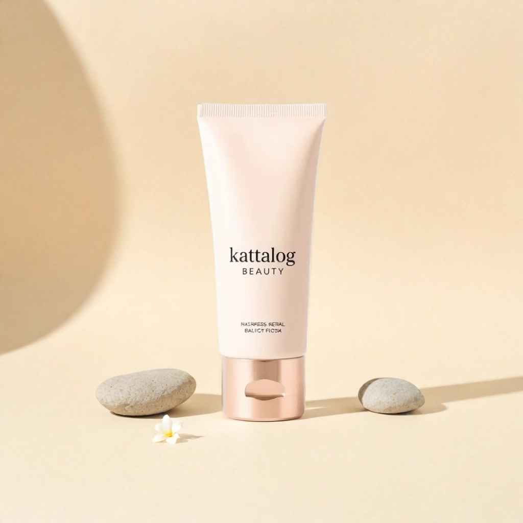 Kattalog Lotion on Beige background with stones and frangipani flowers 3