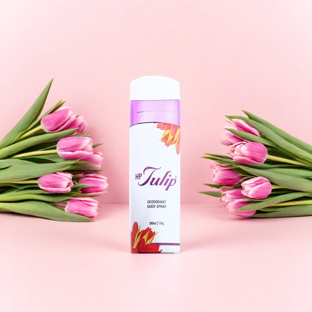 HP Tulip Deodorant on Pink Backrground with Tulip Props 3