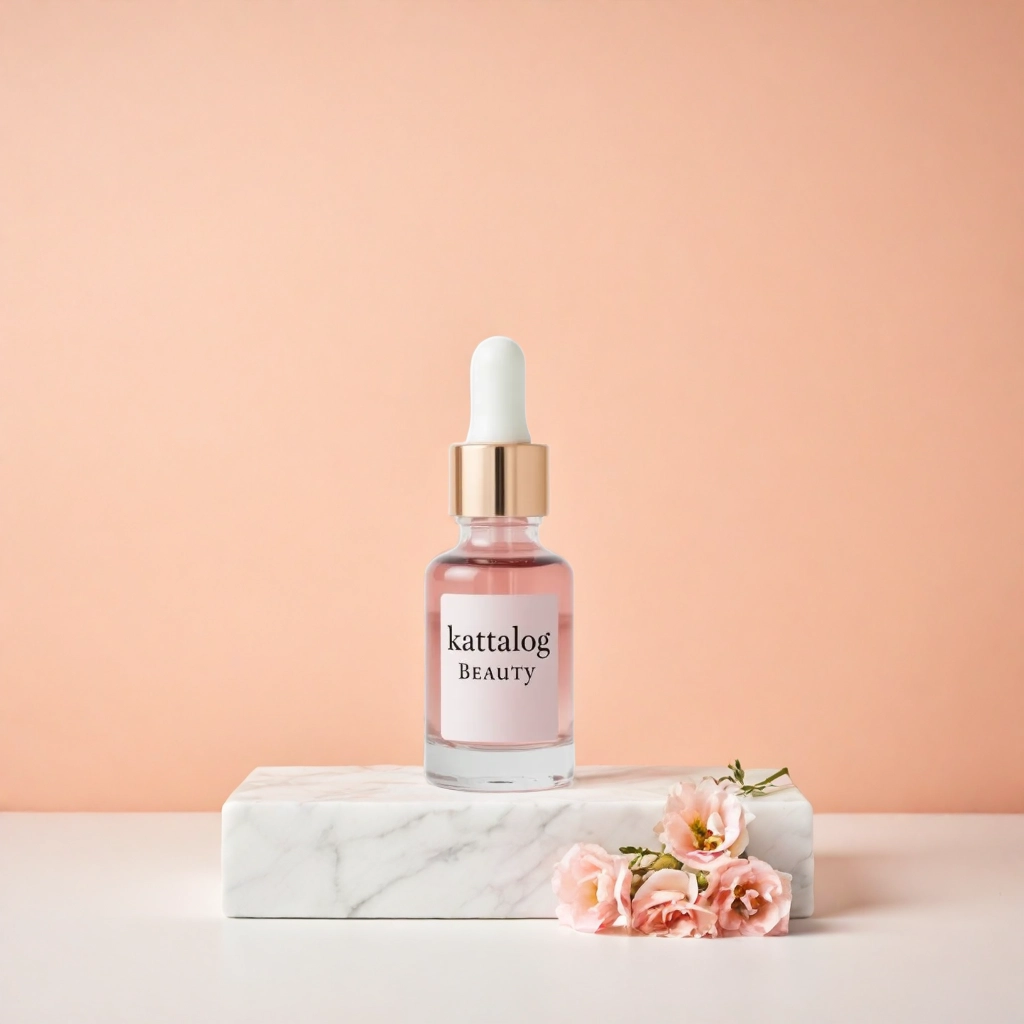 Kattalog Skincare Serum on Marble Pedestal with Peach background 1