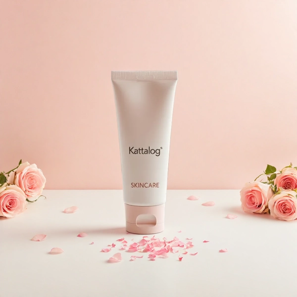 Kattalog Lotion on Peach background with Scattered Flowers Around
