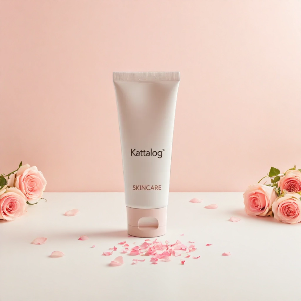Kattalog Lotion on Peach background with Scattered Flowers Around 1