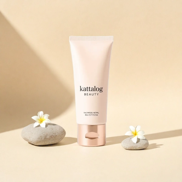 Kattalog Lotion on Beige background with stones and frangipani flowers
